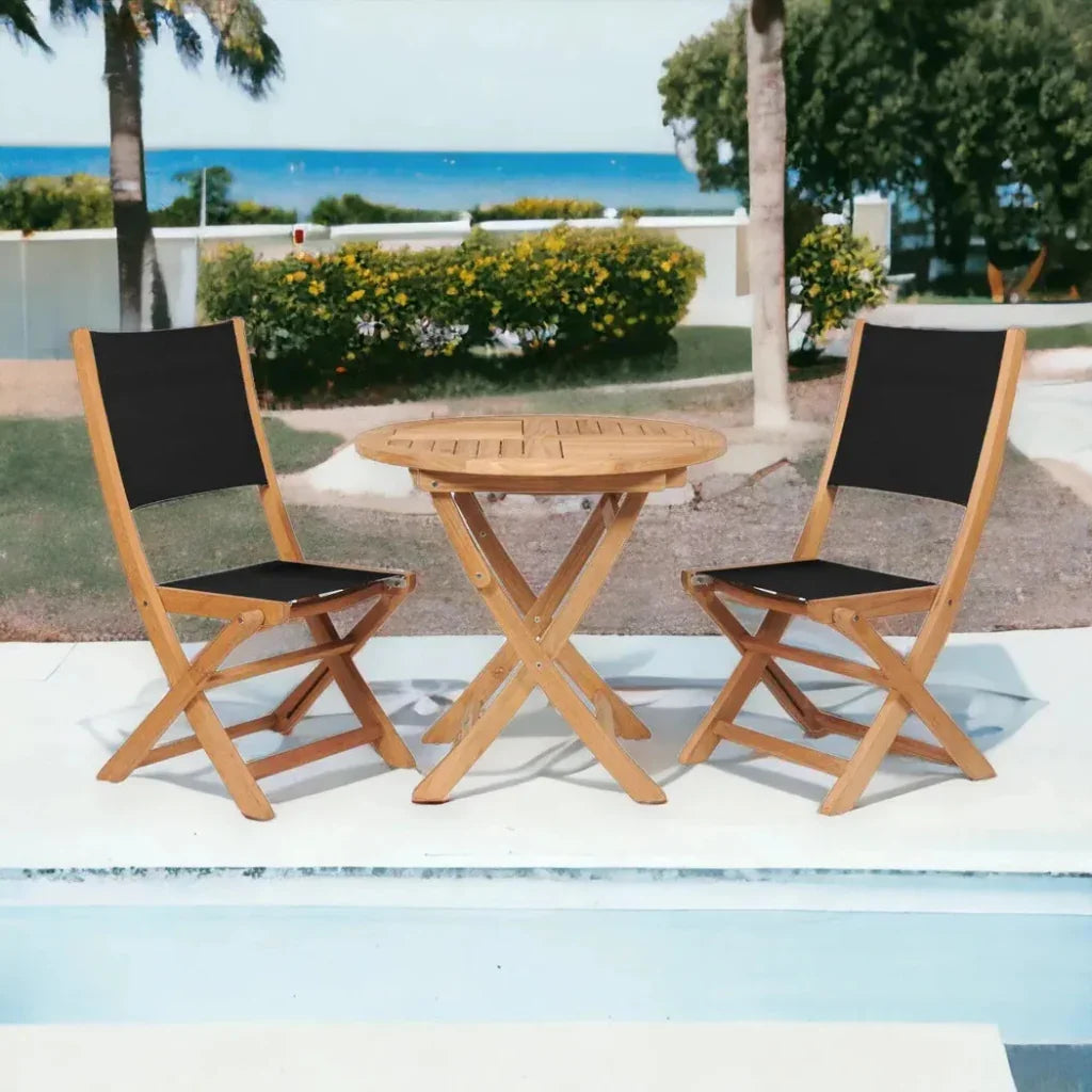Stella 3PC Round Teak Outdoor Bistro Set Folding Table - LOOMLAN - HiTeak - Outdoor Bistro Sets