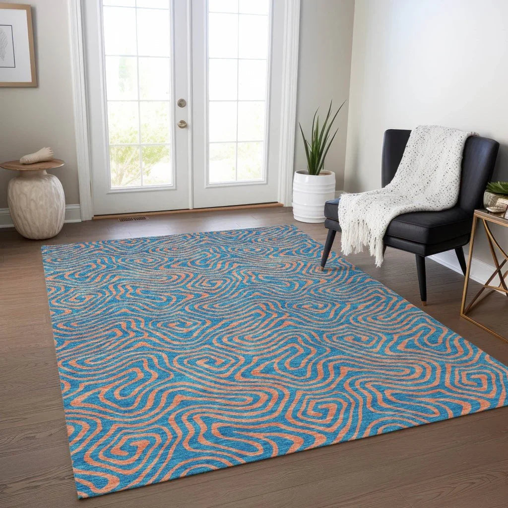 LOOMLAN Rugs Zena Teal Washable Indoor-Outdoor Rug